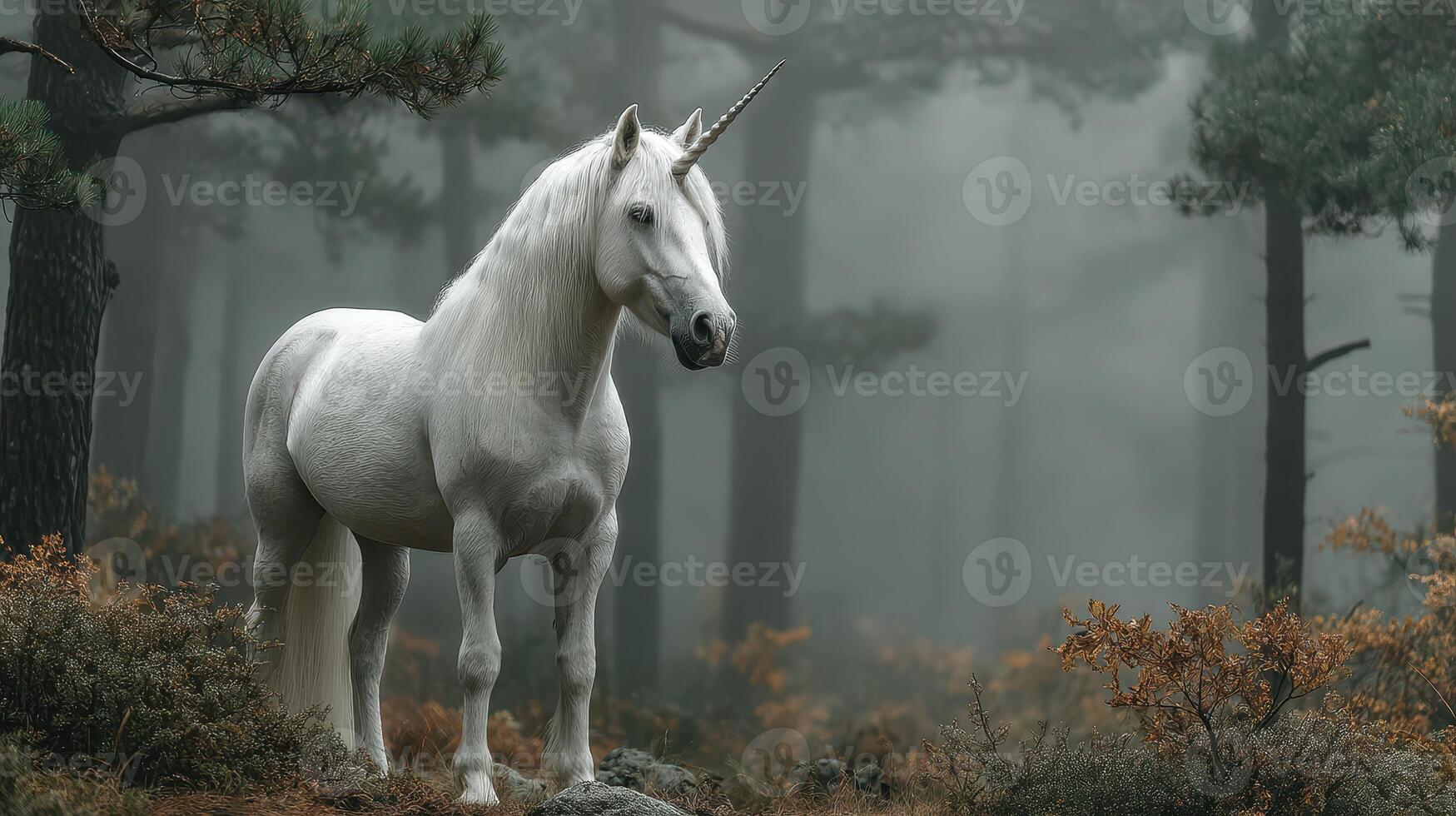 Mystical white unicorn standing majestically in a foggy forest during early morning hours photo