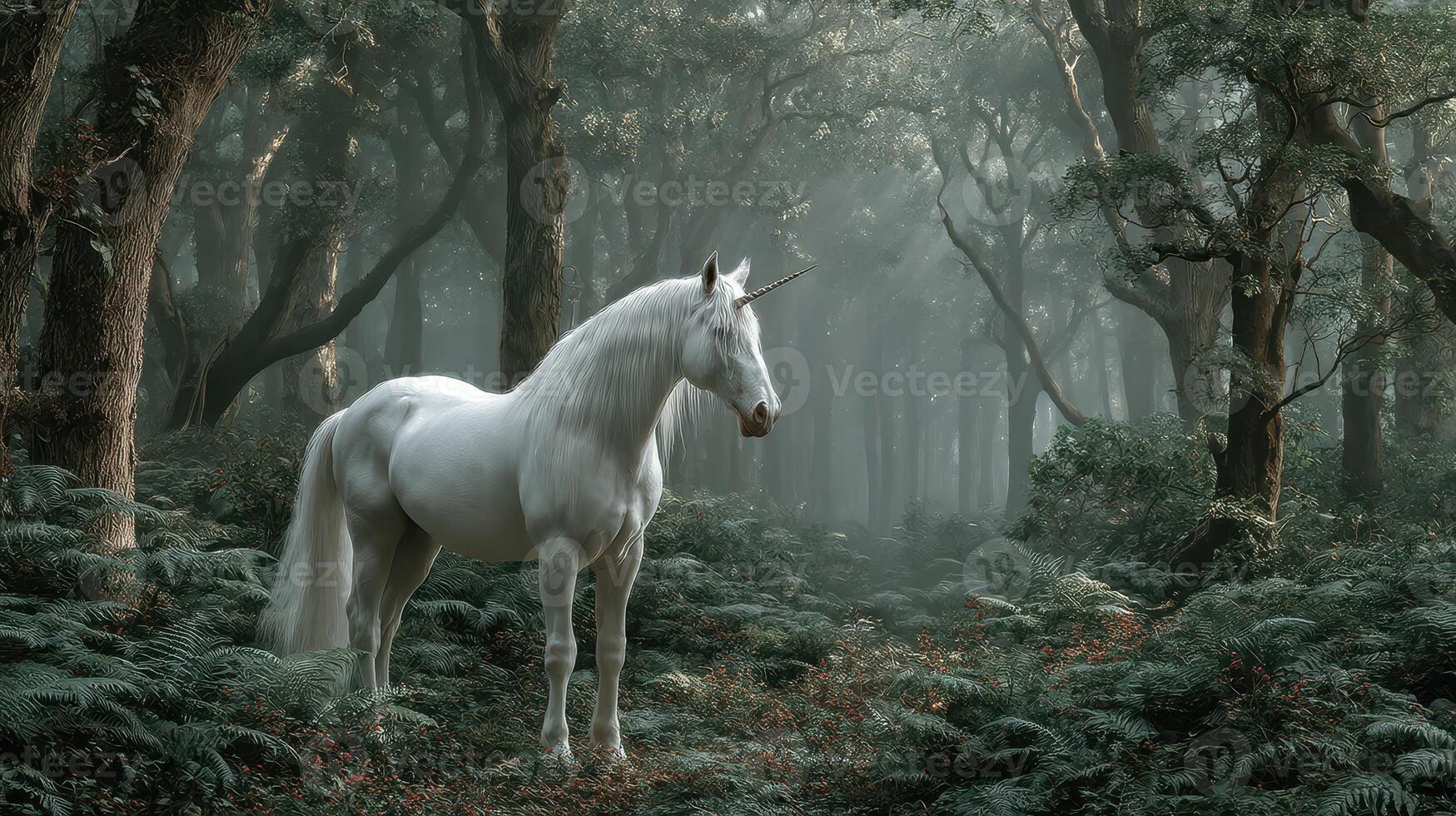 Majestic white unicorn standing in a mystical forest surrounded by lush greenery and misty light at dawn photo