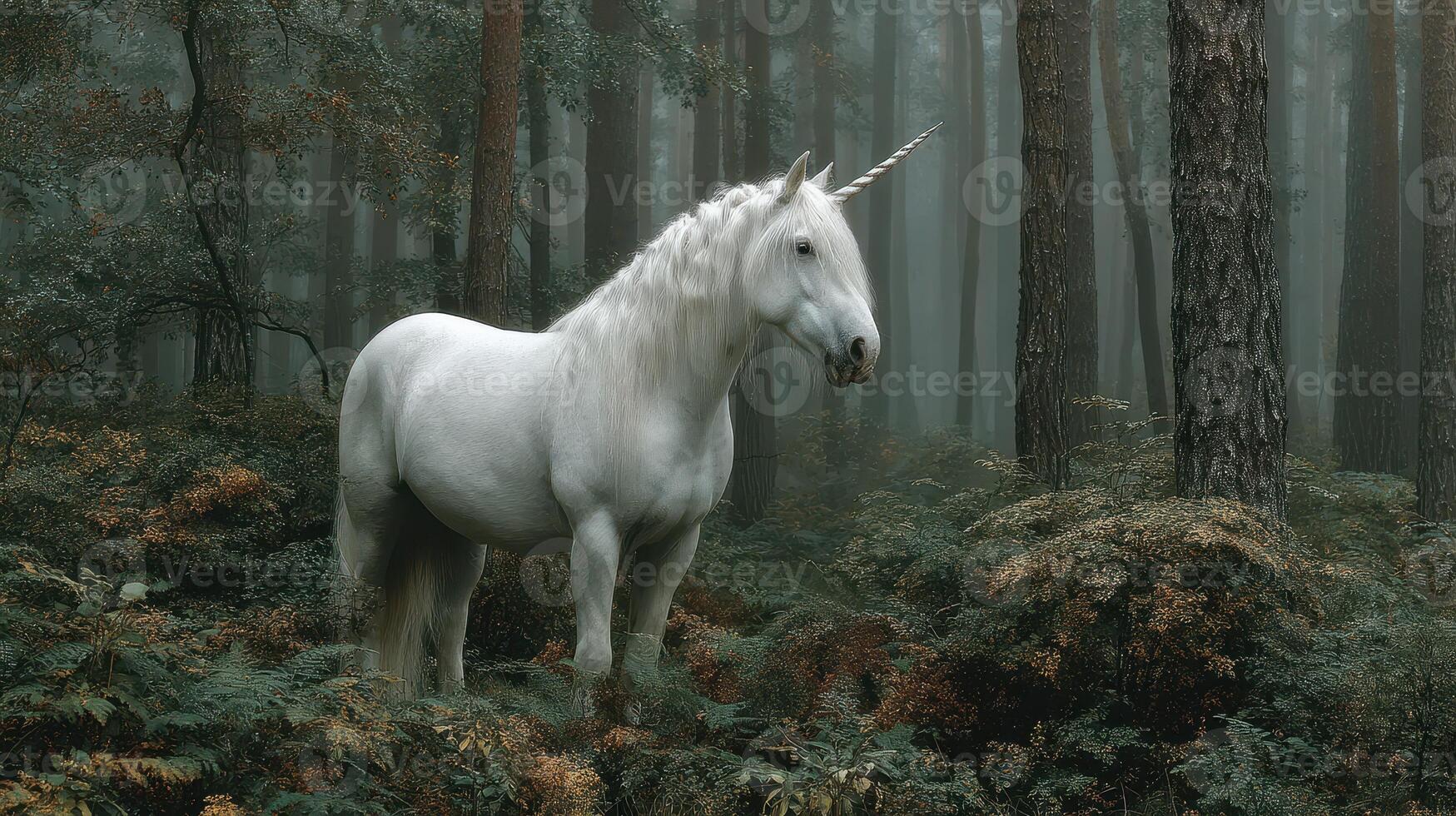 Majestic white unicorn standing in an enchanted forest surrounded by mist and lush greenery photo