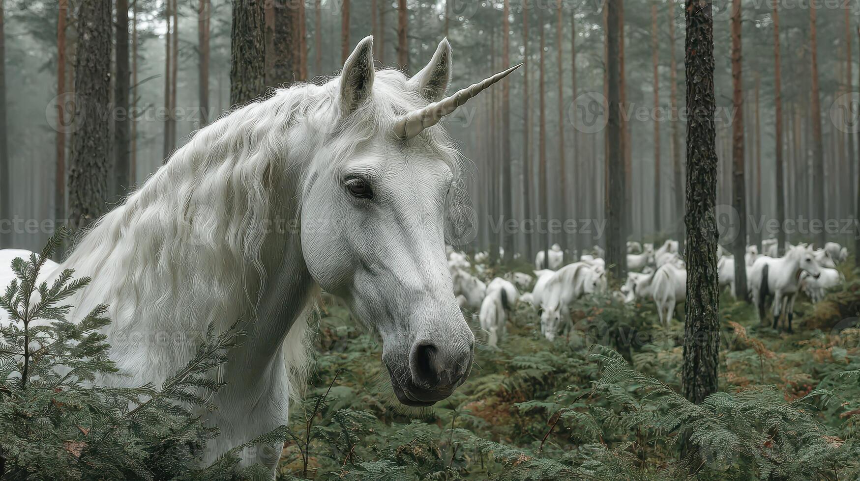Majestic white unicorn stands in misty forest surrounded by a herd of ethereal horses at dawn photo