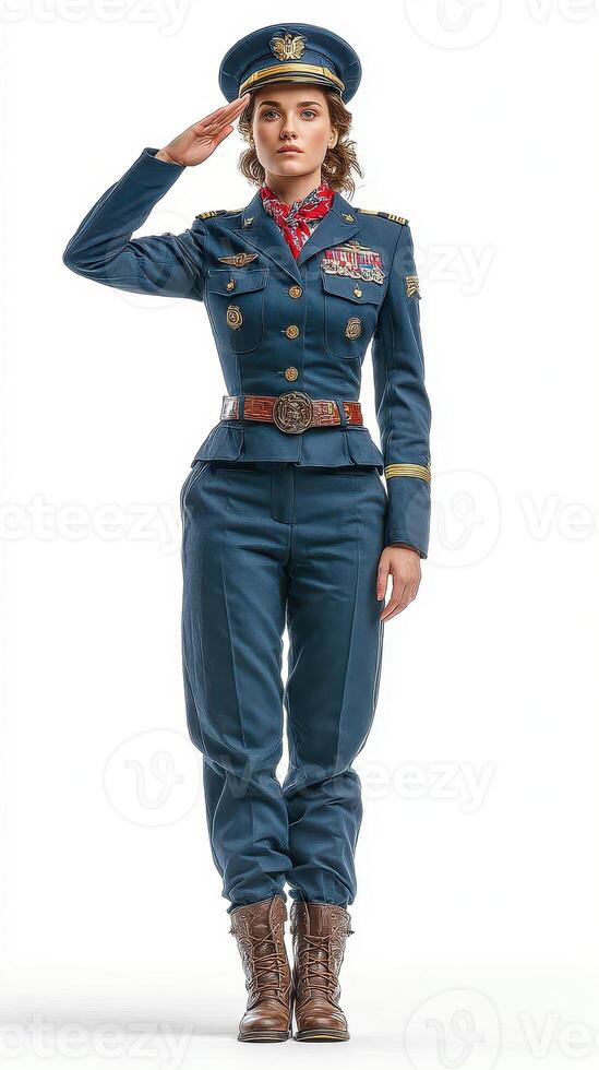 Female soldier in military uniform performing a salute in a studio setting during a formal presentation photo