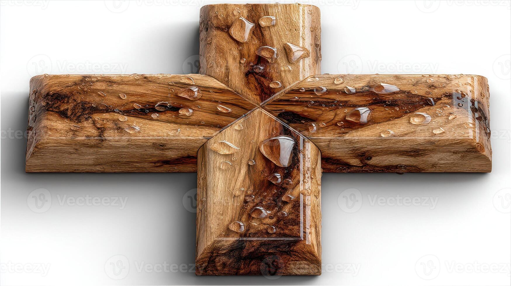 Beautiful wooden cross with water droplets, showcasing craftsmanship and natural textures from a creative workshop setting photo