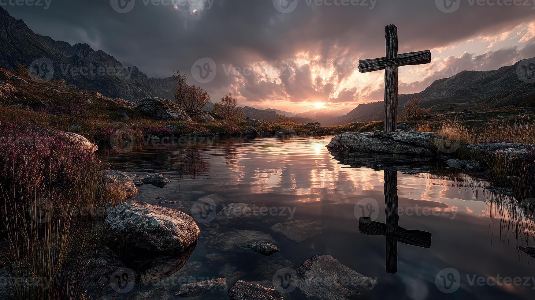 Sunset over a serene lake with a wooden cross reflecting in the water surrounded by mountains and autumn foliage photo
