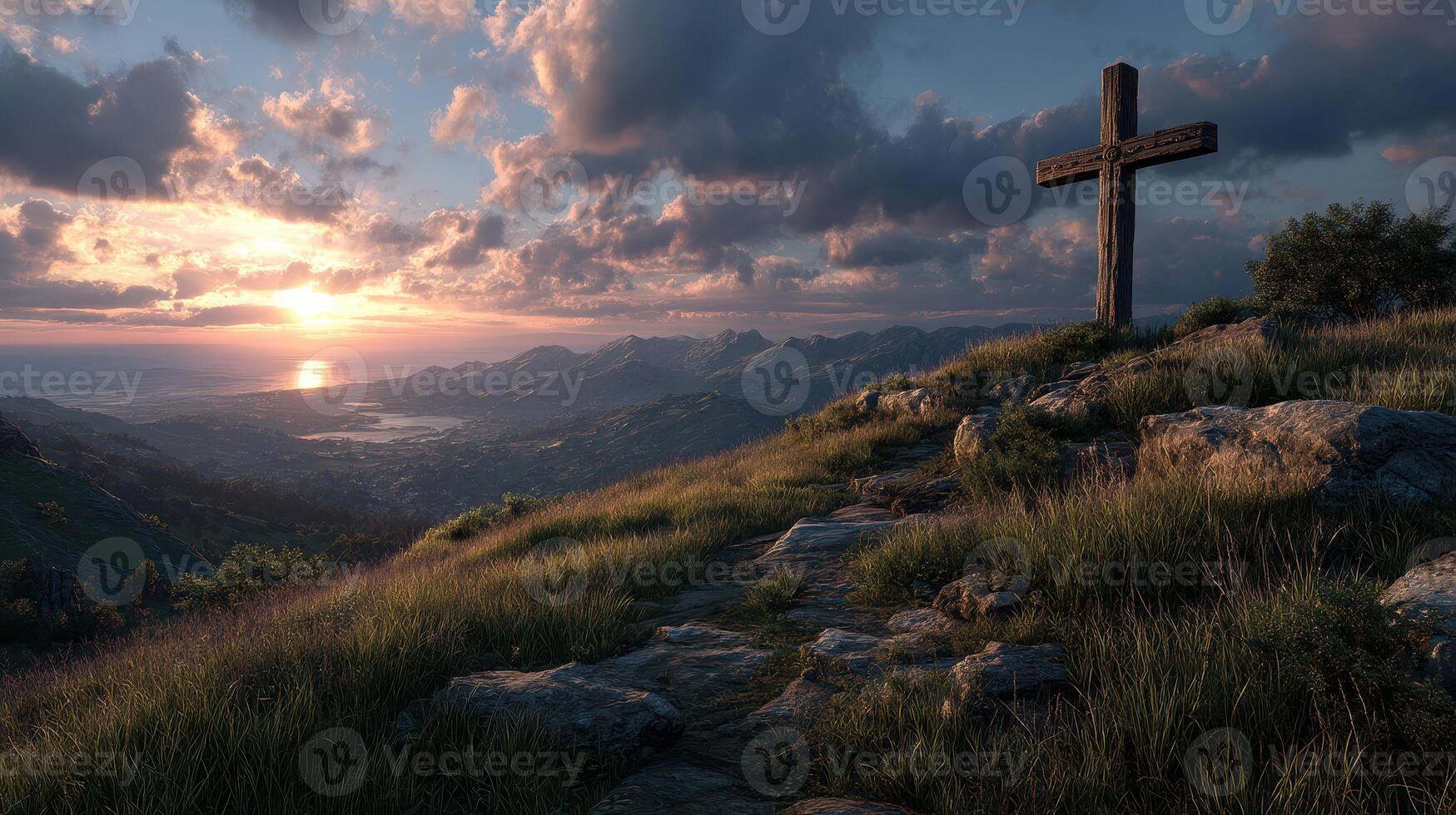 Sunset view with wooden cross overlooking mountains and lake in a tranquil landscape photo
