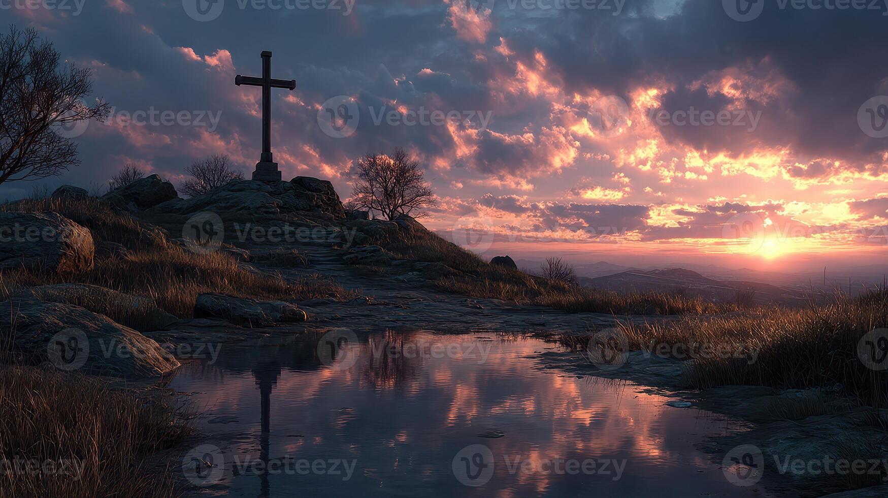 Serene sunset view behind a cross on a hilltop with calm water reflecting the sky colors photo