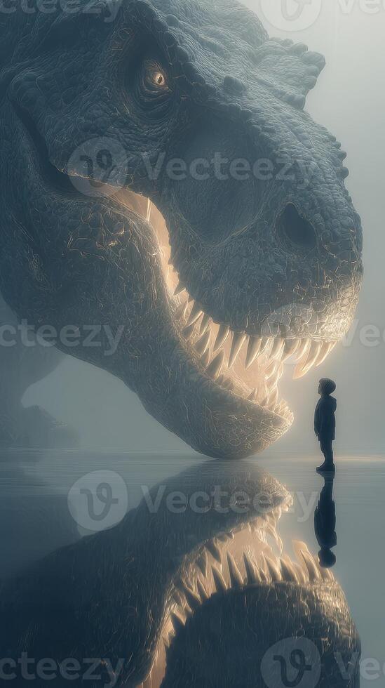 Child stands before giant dinosaur in surreal encounter at dawn with misty lake background photo