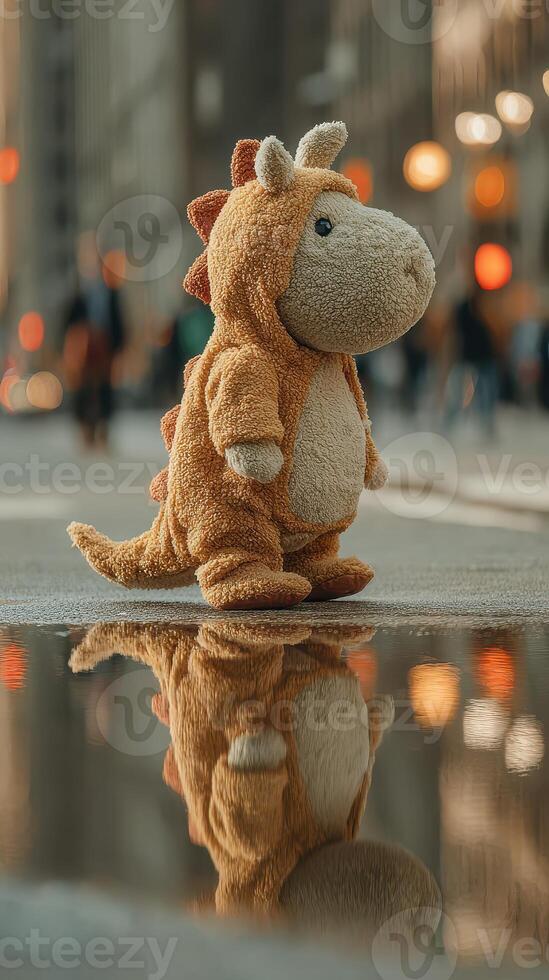 Soft toy dinosaur stands on city street near reflecting puddle during golden hour, capturing urban life in motion photo