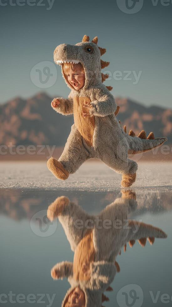 Child in dinosaur costume joyfully runs across a reflective salt flat during golden hour with mountains in the background photo