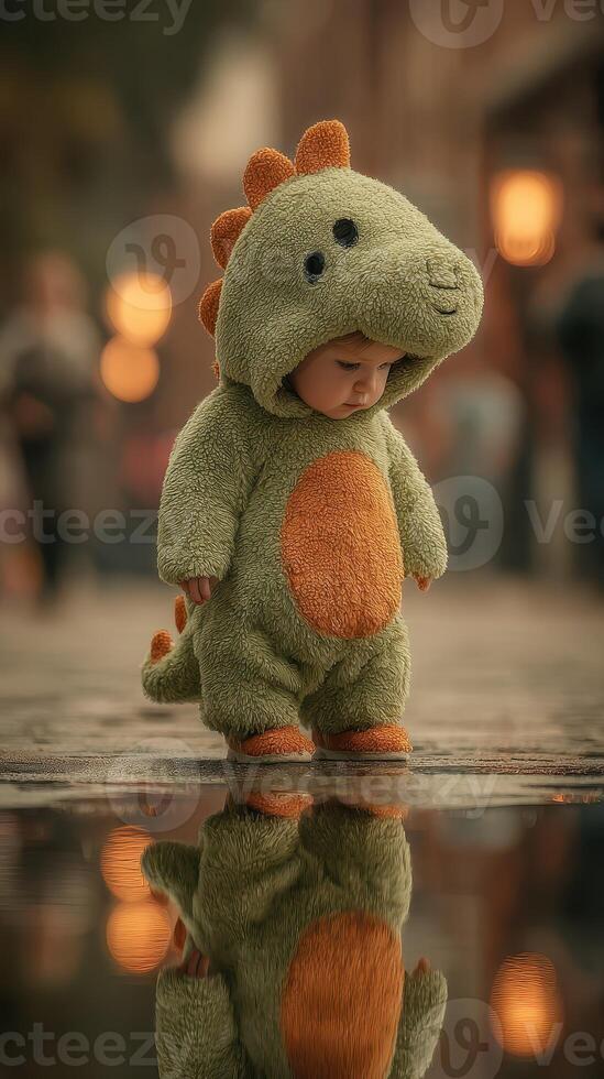 Child dressed in dinosaur costume exploring a cobblestone street near a reflecting puddle during evening light photo