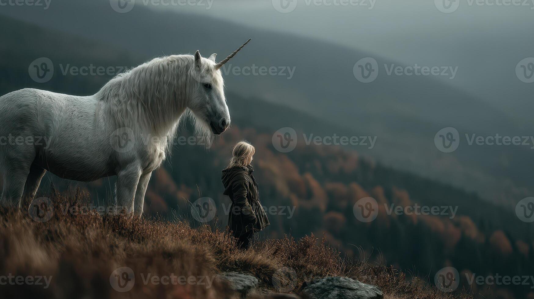 Child stands in awe before a majestic unicorn on a misty mountainside during early morning light photo