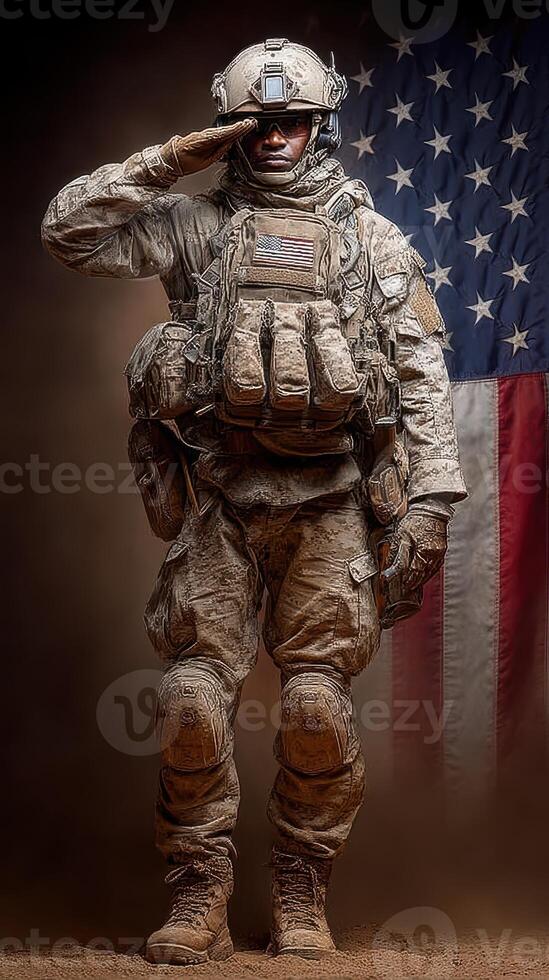 Soldier saluting with pride in front of American flag during military commemorative event photo