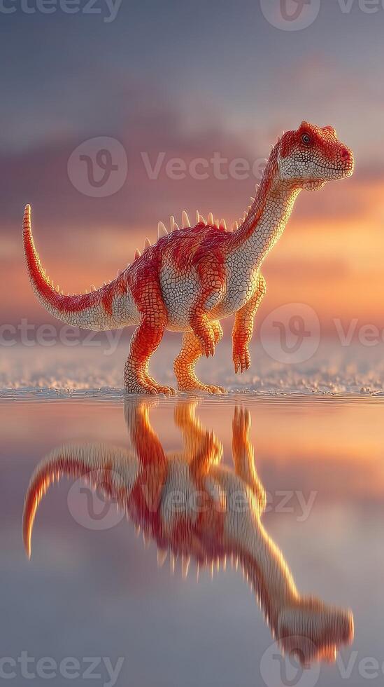 Stunning dinosaur figurine stands on reflective surface against a vibrant sunset backdrop photo