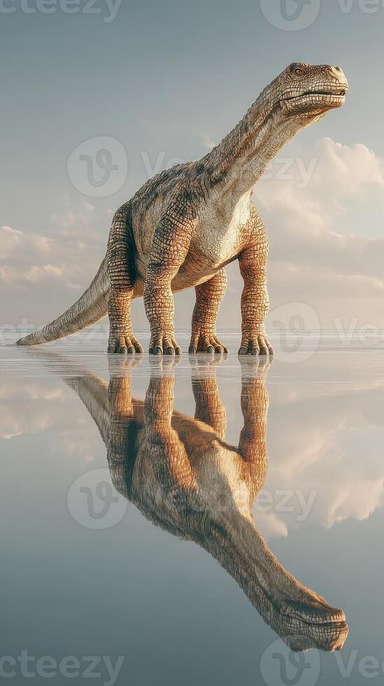 Giant dinosaur standing in shallow water with a reflective surface and a clear sky in the background photo