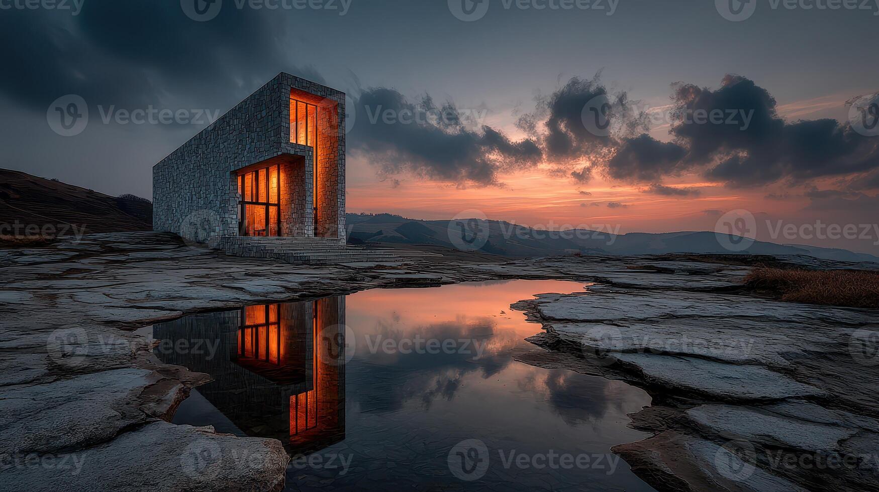 Modern building reflects sunset over rocky landscape in tranquil setting near hills photo