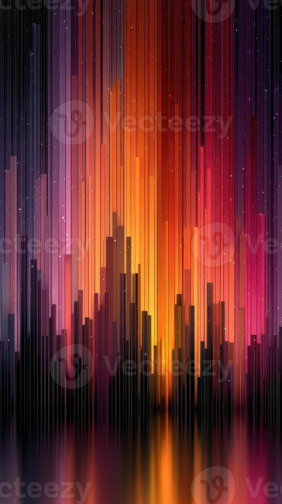 Vibrant abstract skyline illuminated by warm hues at sunset with dynamic vertical lines and smooth reflection on water photo
