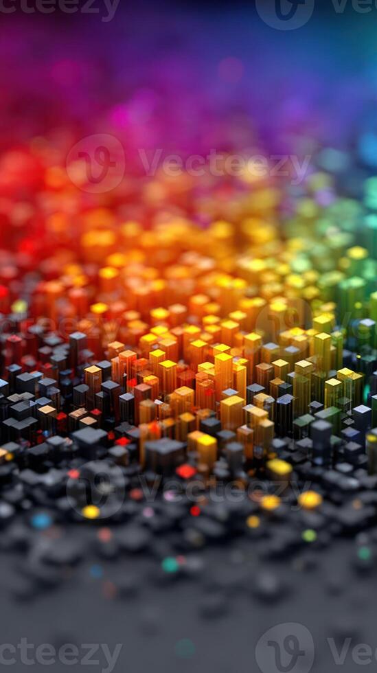 Colorful abstract pattern of stacked cubes resembling a vibrant cityscape at night photo
