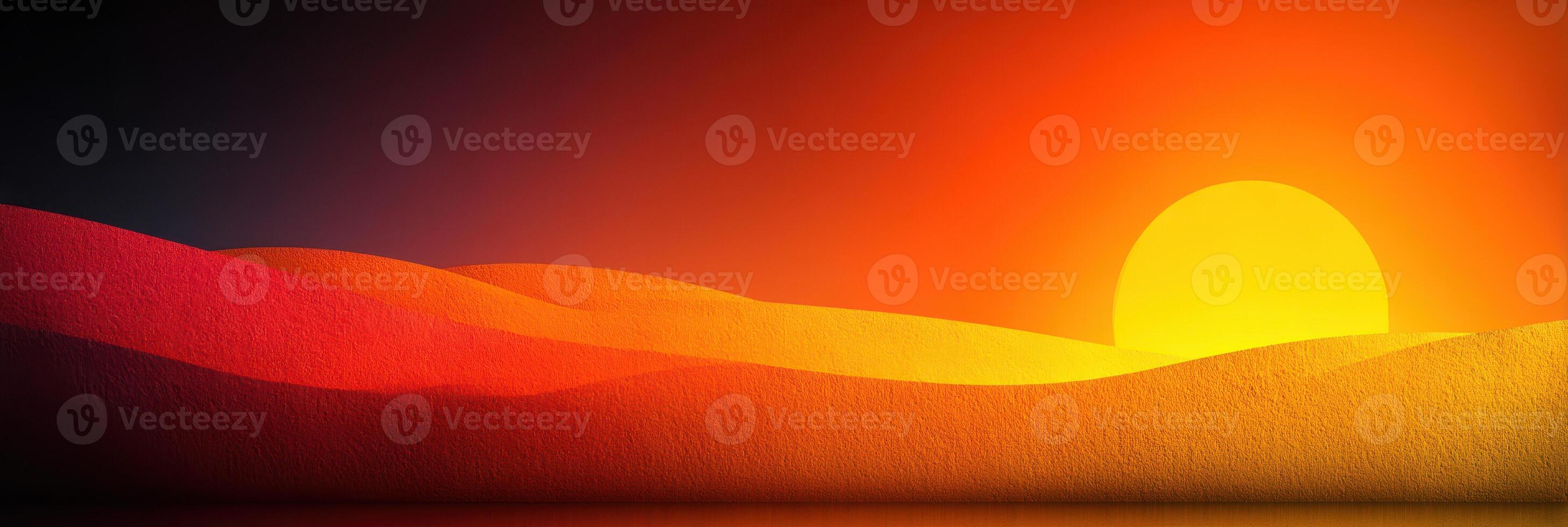 Vibrant sunset over rolling sand dunes illuminating the desert landscape with warm hues photo