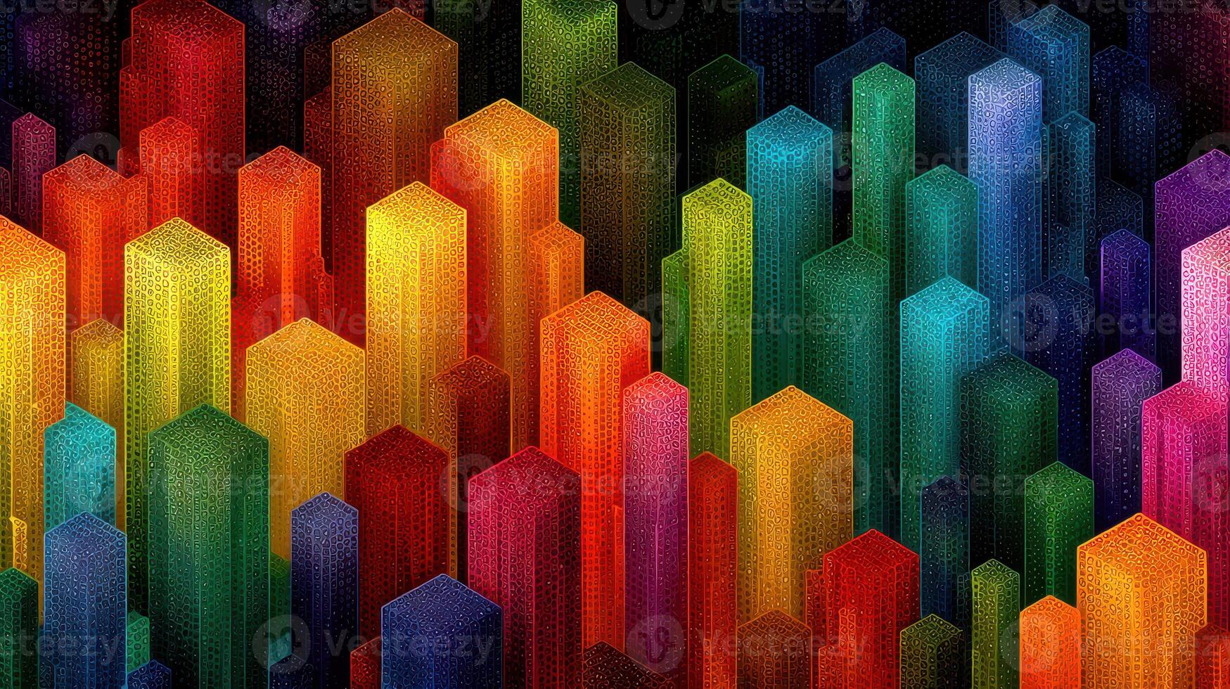 Vibrant geometric shapes create a colorful skyline in abstract digital art photo