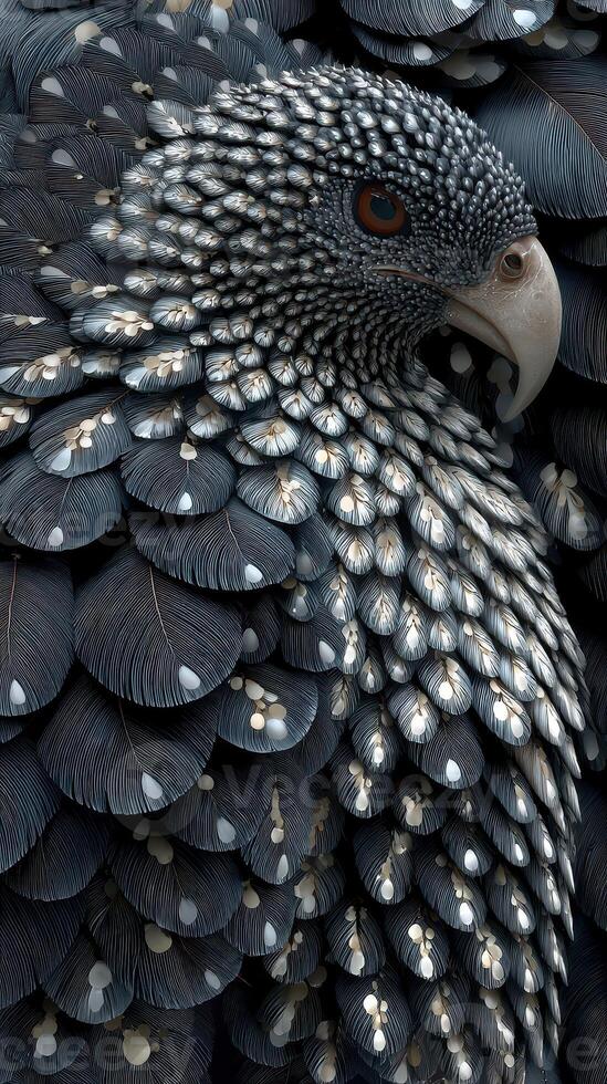 Detailed close-up of a majestic bird with intricate feather patterns, showcasing its beauty and unique features in a natural setting photo