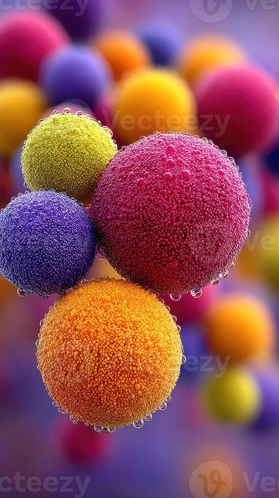 Colorful spheres with droplets creating a vibrant abstract composition in a scientific context photo