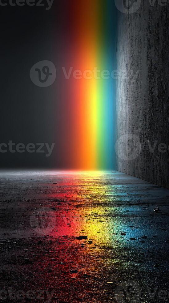 Light refracts into vibrant rainbow colors on a dark wall and floor in an artistic space photo