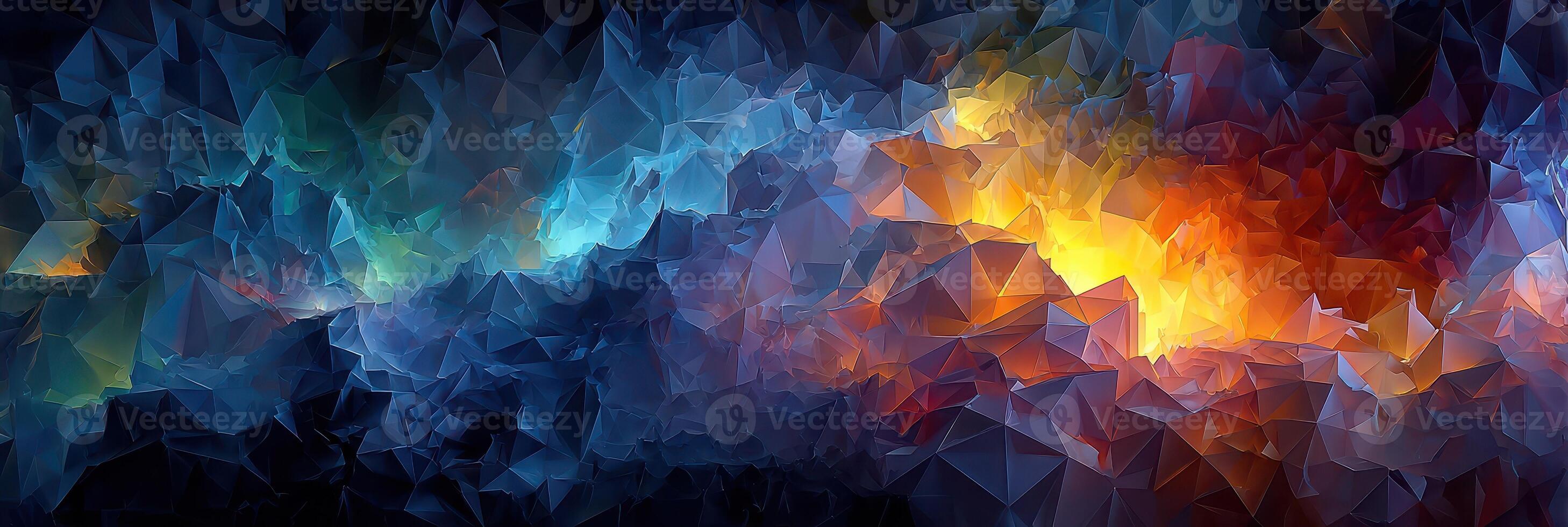 Colorful abstract digital artwork depicting a cosmic landscape with vibrant hues and geometric shapes photo