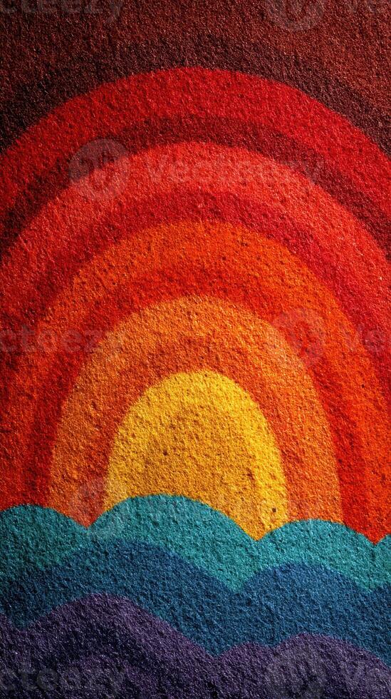 Colorful rays expand across a vibrant sunset over the calm ocean waves in a tranquil artistic depiction photo