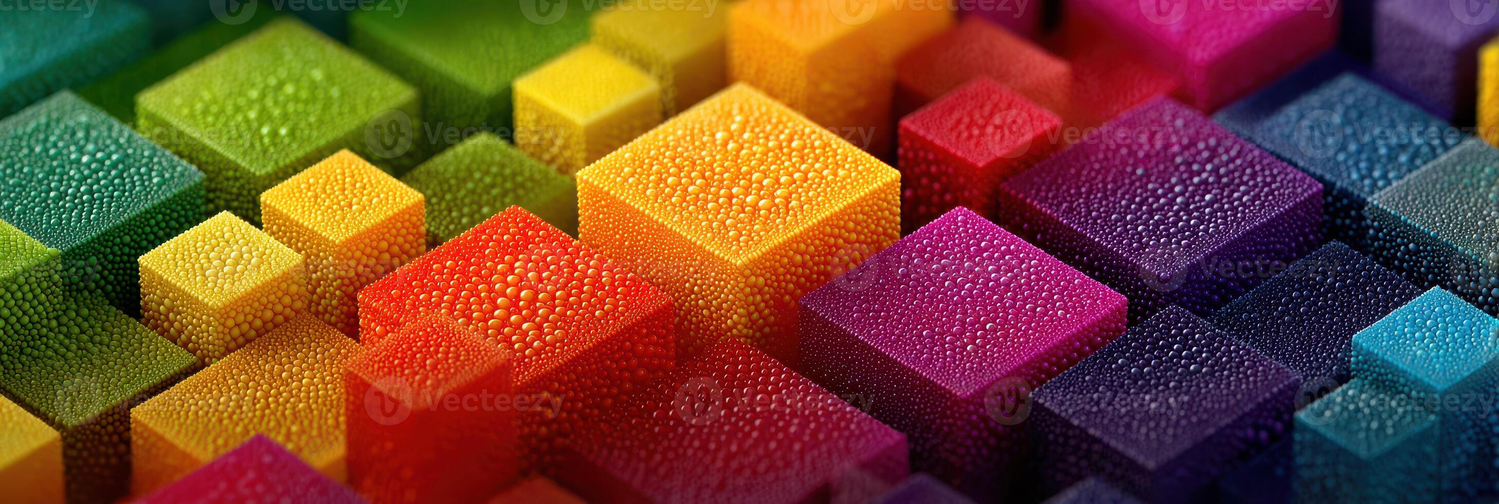 Colorful geometric shapes with vibrant hues and droplets of water create an eye-catching abstract design photo