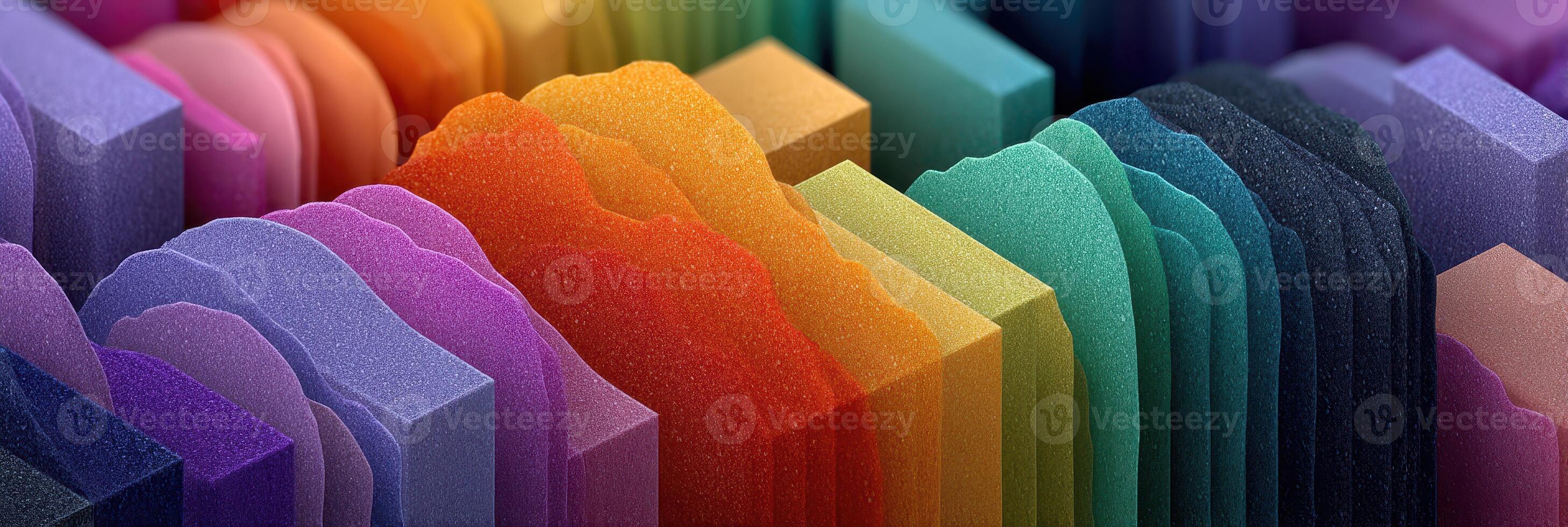 Colorful arrangement of layered foam shapes in vibrant hues showcasing texture and design from a creative workspace photo