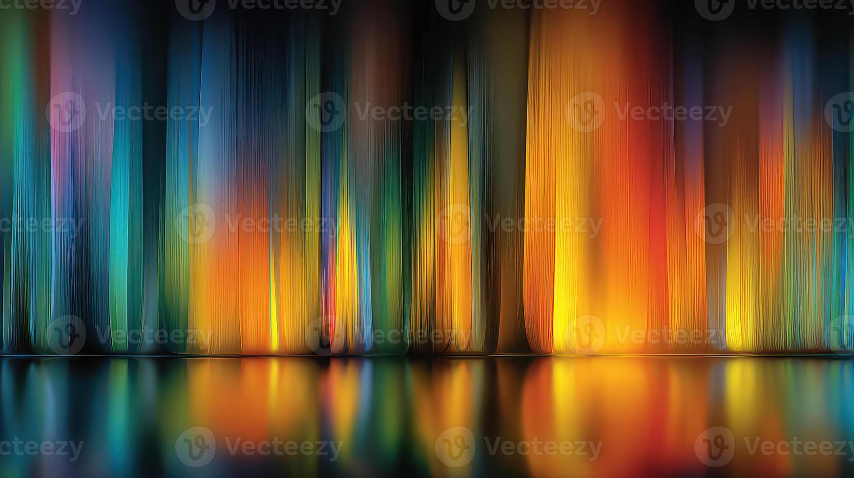Colorful abstract light display with flowing patterns reflecting in calm water photo