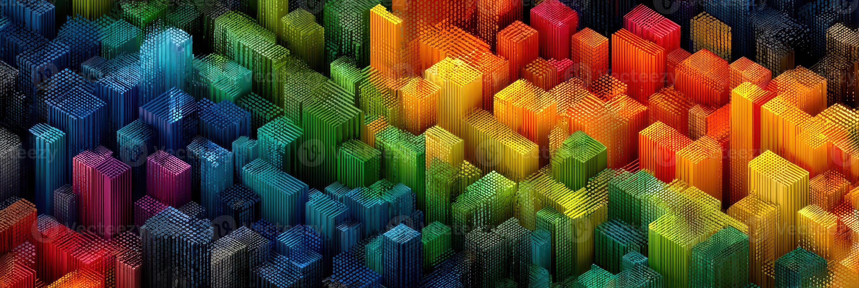 Colorful digital cityscape with vibrant geometric buildings representing urban architecture and modern design photo