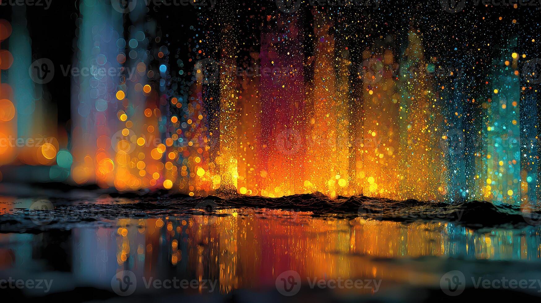 Colorful water fountain display with lights at evening in public park creating vibrant reflections on water surface photo