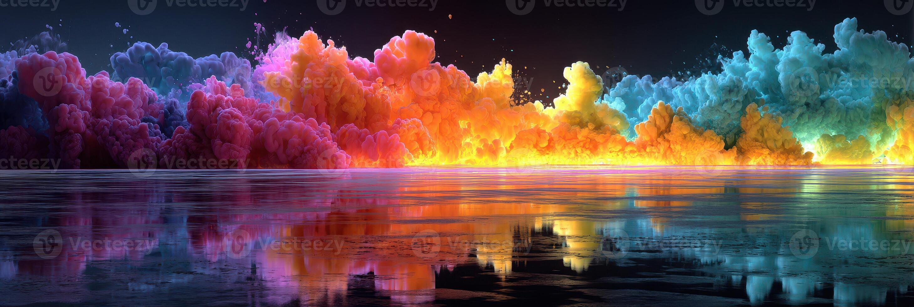 Colorful sunset reflections over calm water with vibrant clouds creating a stunning natural spectacle photo