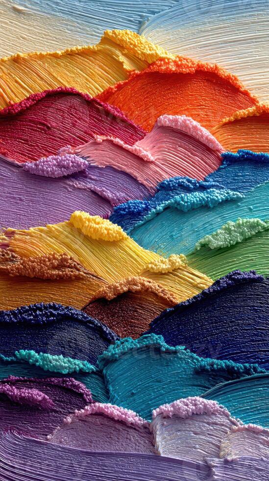 Colorful abstract landscape artwork showcasing layers of vibrant paint textures in an expressive style photo