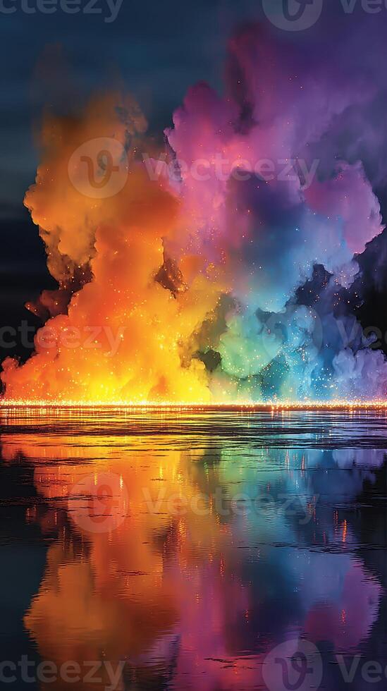 Vibrant smoke clouds rise over calm waters in a striking display of color during twilight hours at the lakeside photo