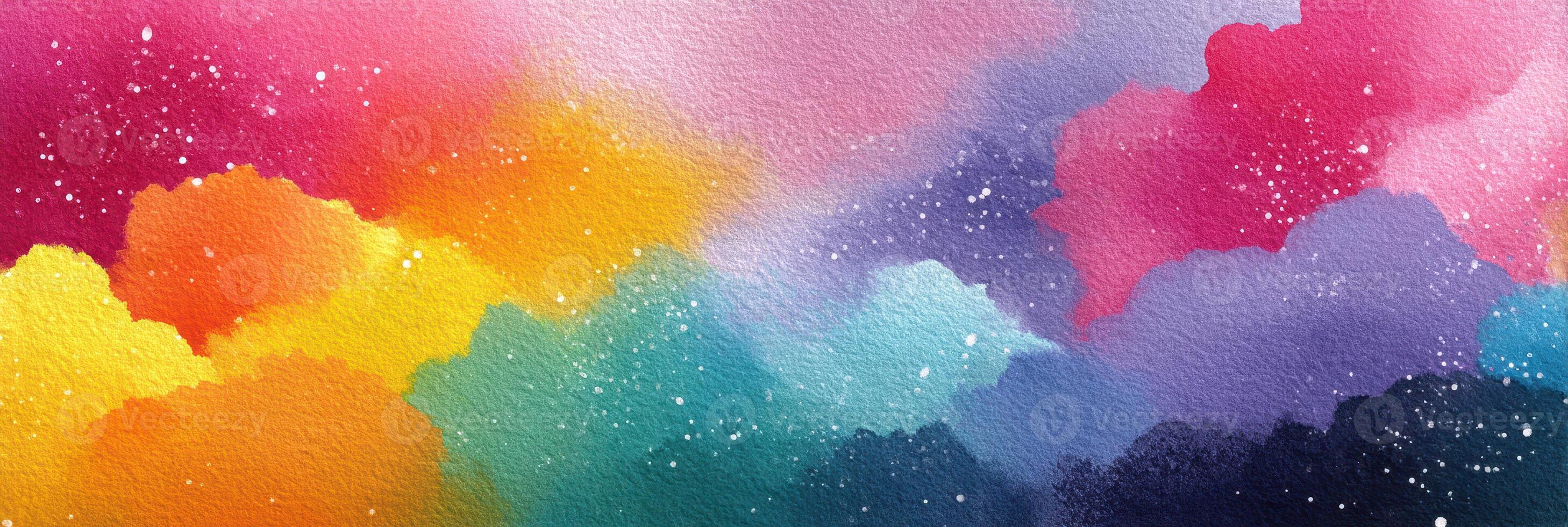 Colorful watercolor clouds create a vibrant sunset landscape with pastel hues and starry touches in a serene atmosphere photo