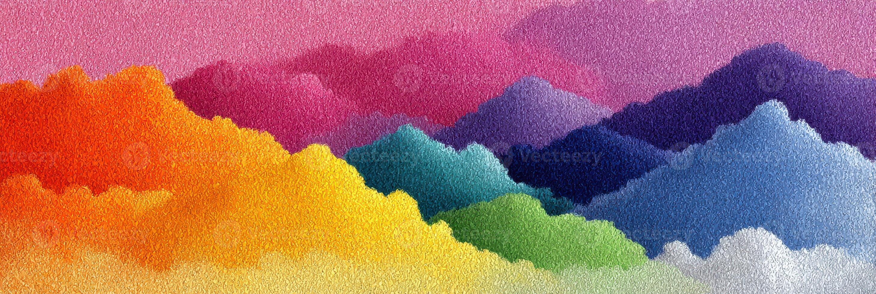 Colorful abstract landscape with vibrant mountains during sunset in a serene environment photo