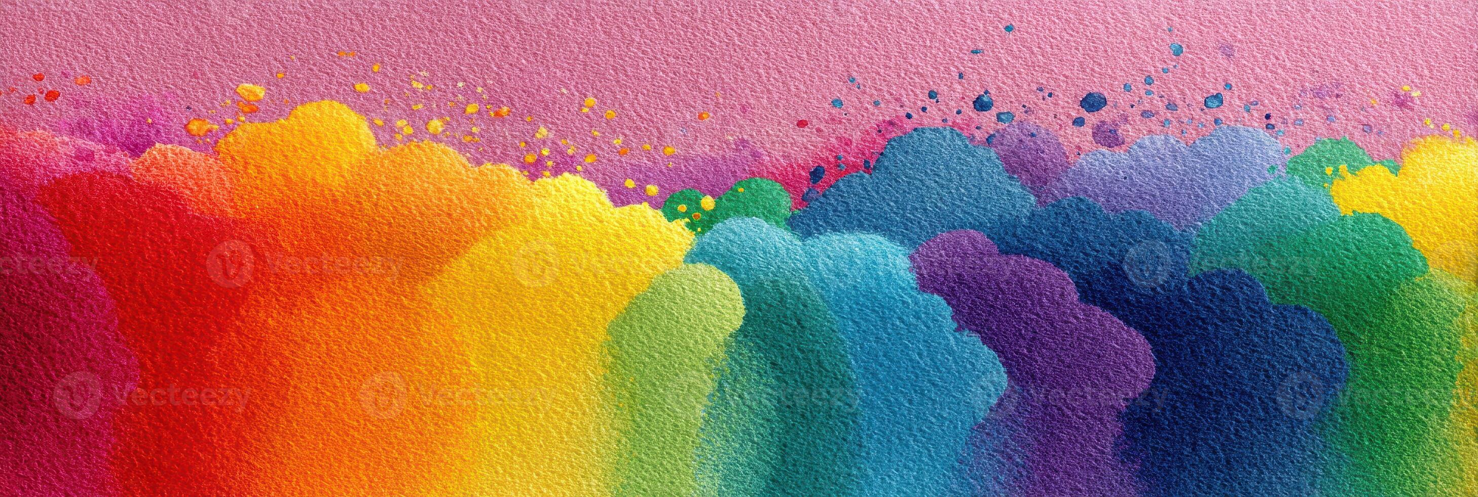 Vibrant abstract watercolor painting bursting with color blending from red to purple against a soft pink background photo