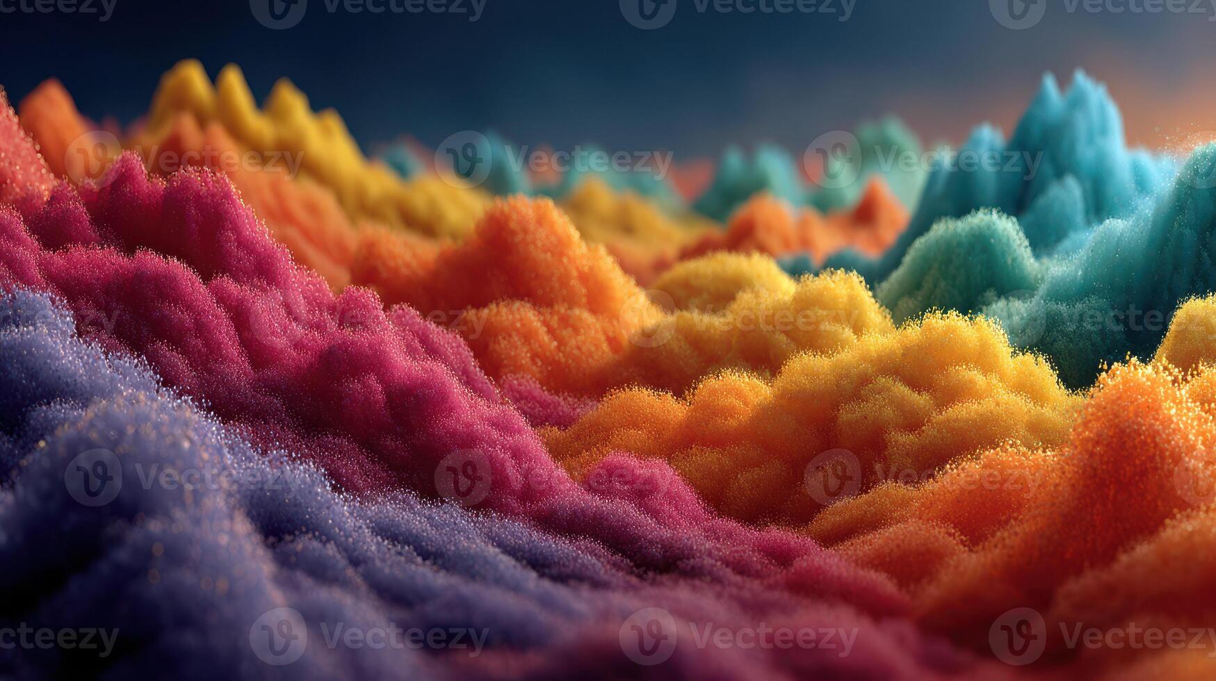 Colorful abstract landscape with dynamic textures resembling mountains in vibrant pink, orange, purple, and teal hues during twilight photo