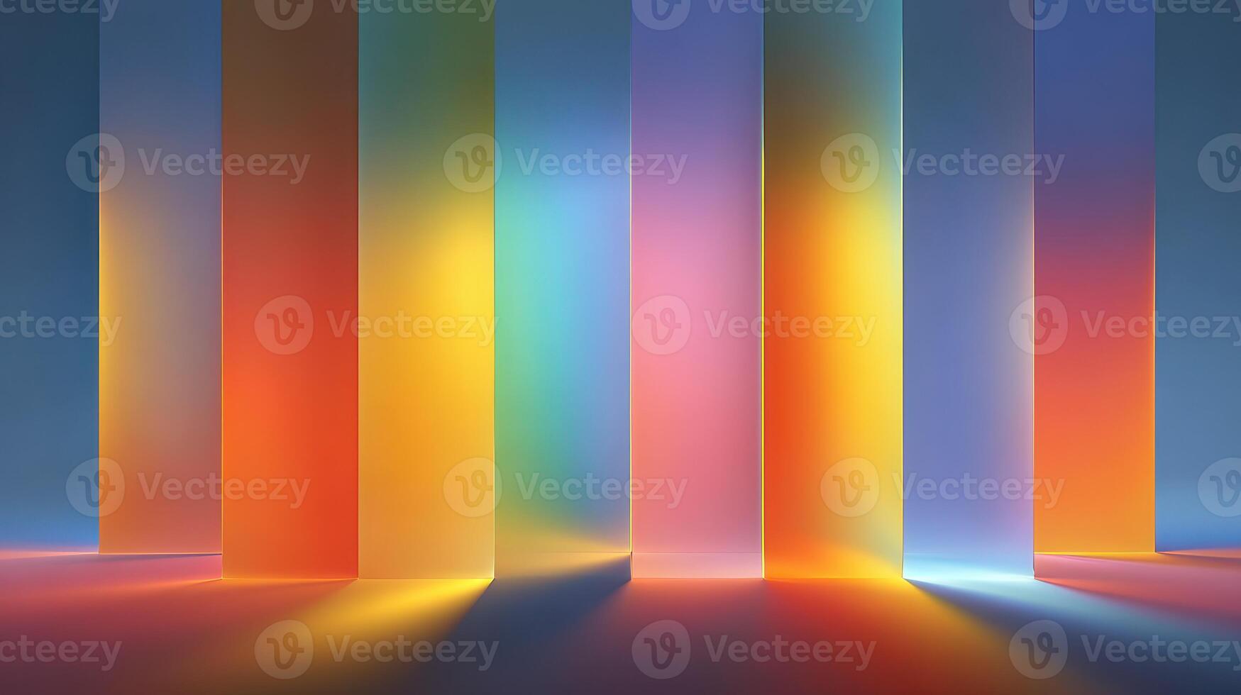 Colorful light beams cast vibrant reflections through translucent pillars at dusk in an artistic display photo