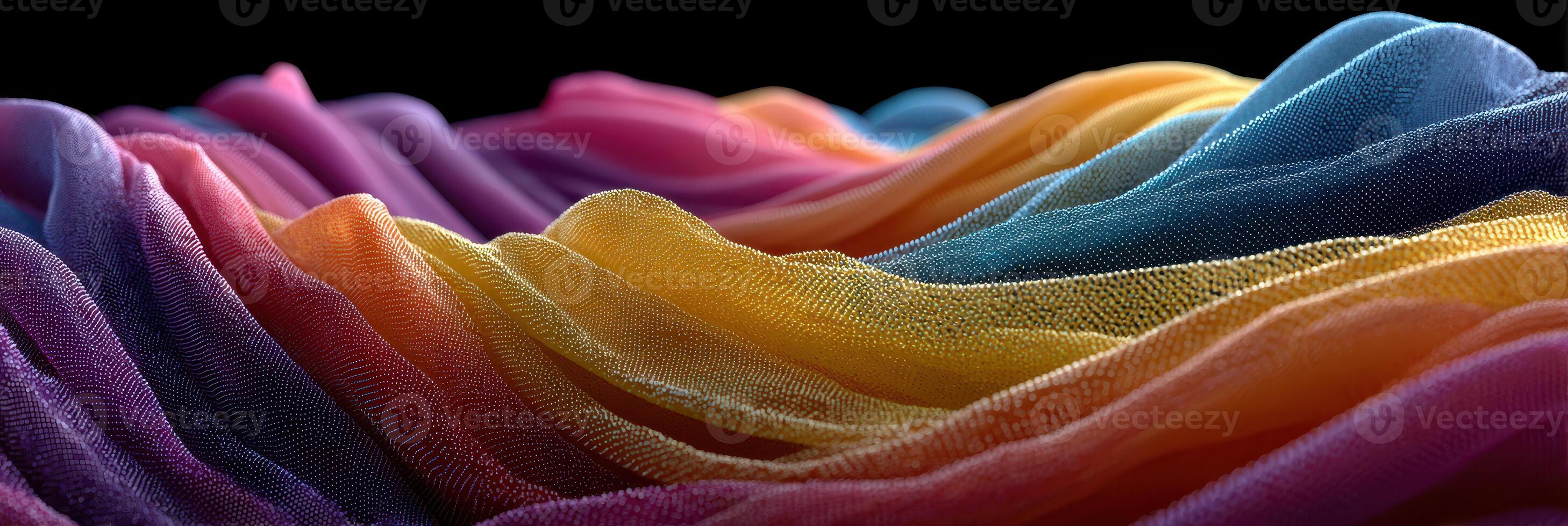 Vibrant flowing fabric in rich colors creates a mesmerizing visual display, showcasing intricate textures and shading effects photo