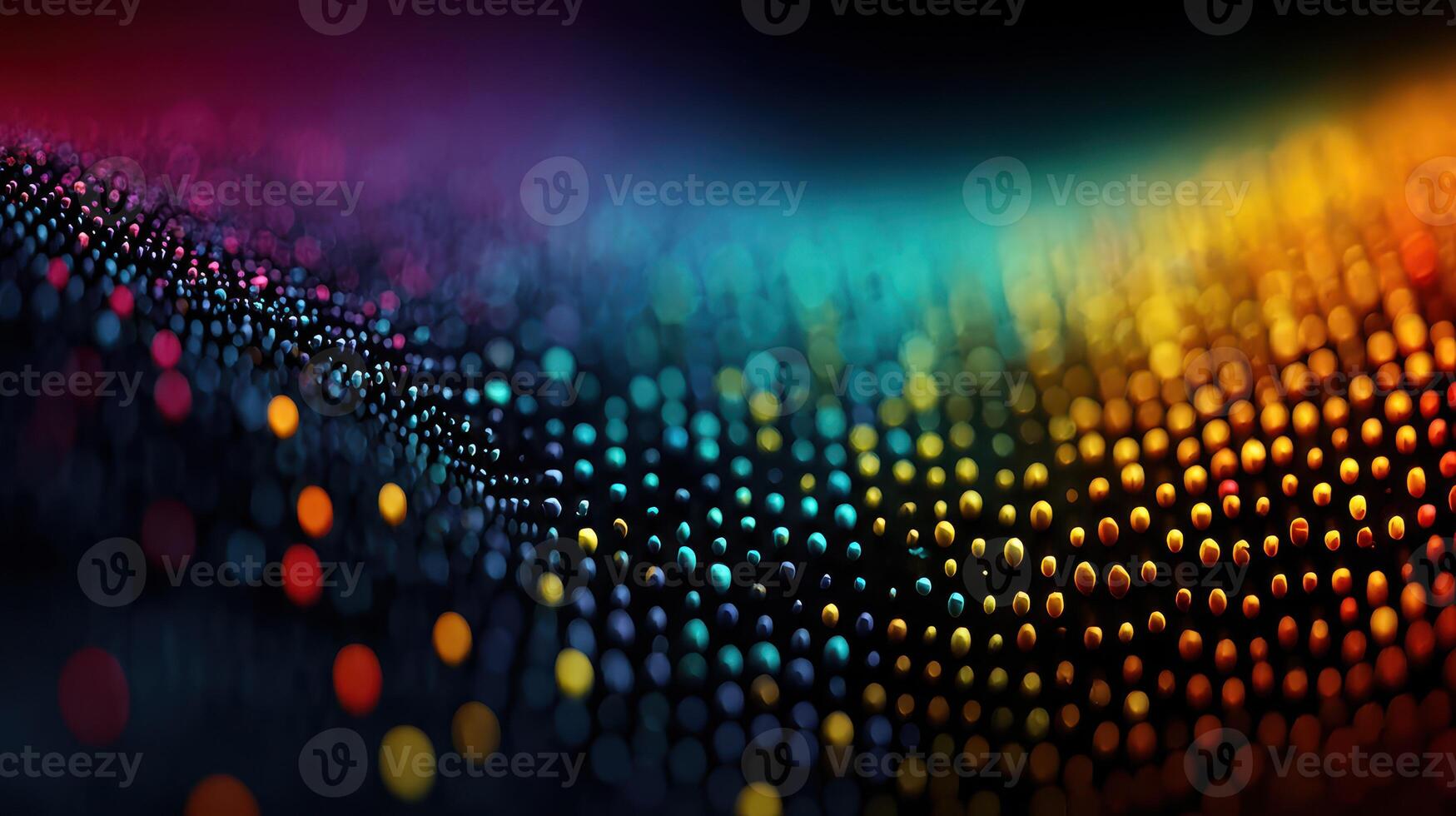 Vibrant abstract background of colorful dots creating waves of light in dark space photo