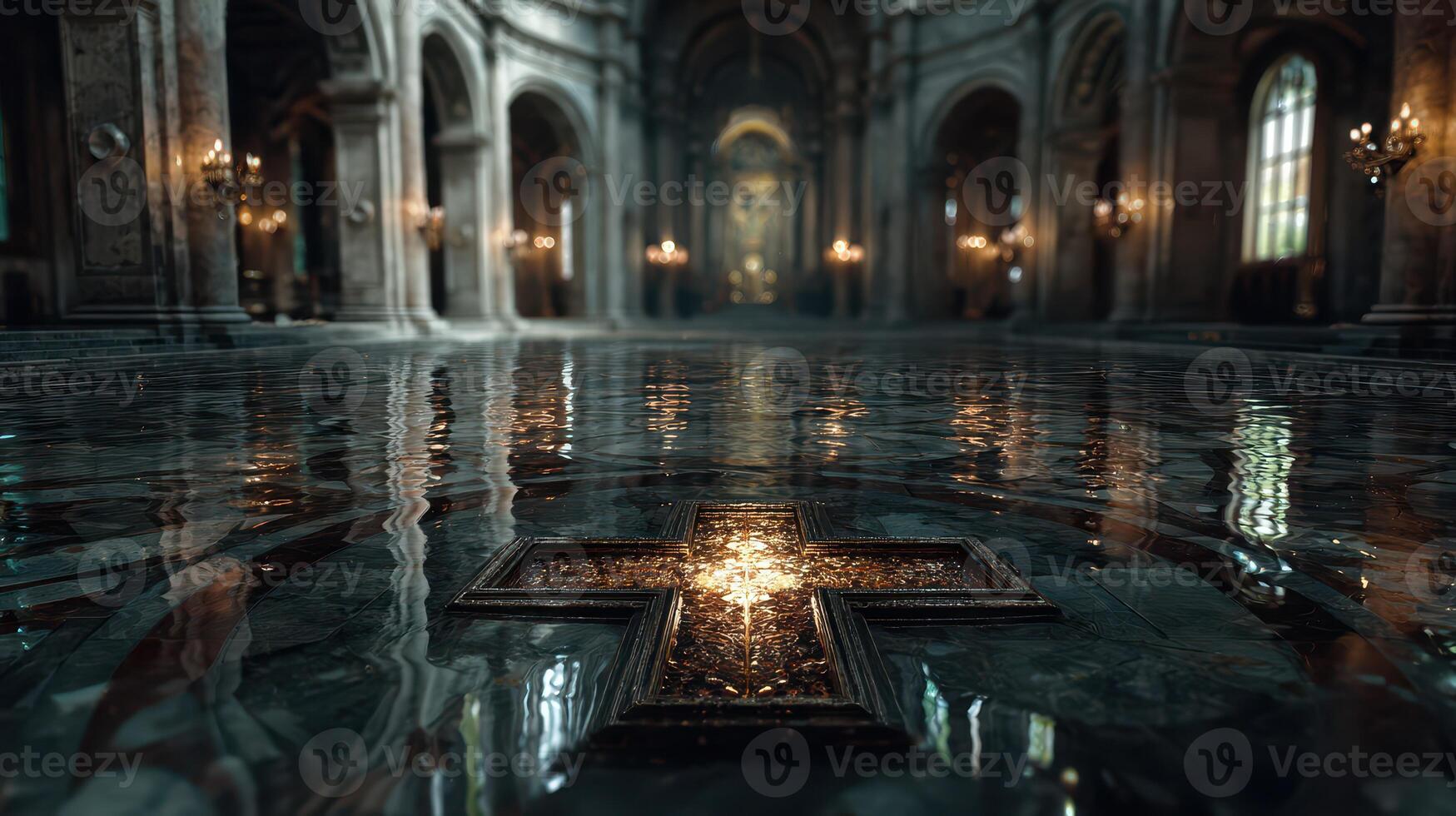 Mysterious reflection in a grand cathedral with illuminated cross and ornate architecture photo