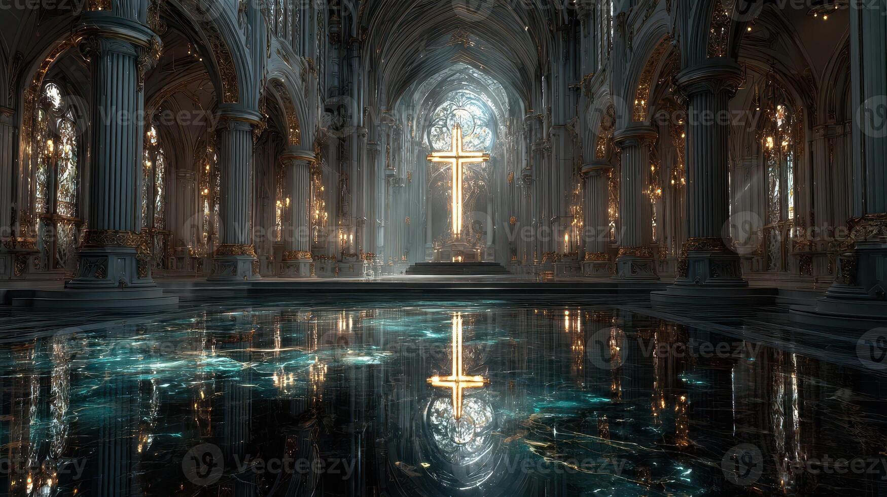 Grand cathedral interior with intricate architecture and illuminated cross reflecting in the serene water feature photo