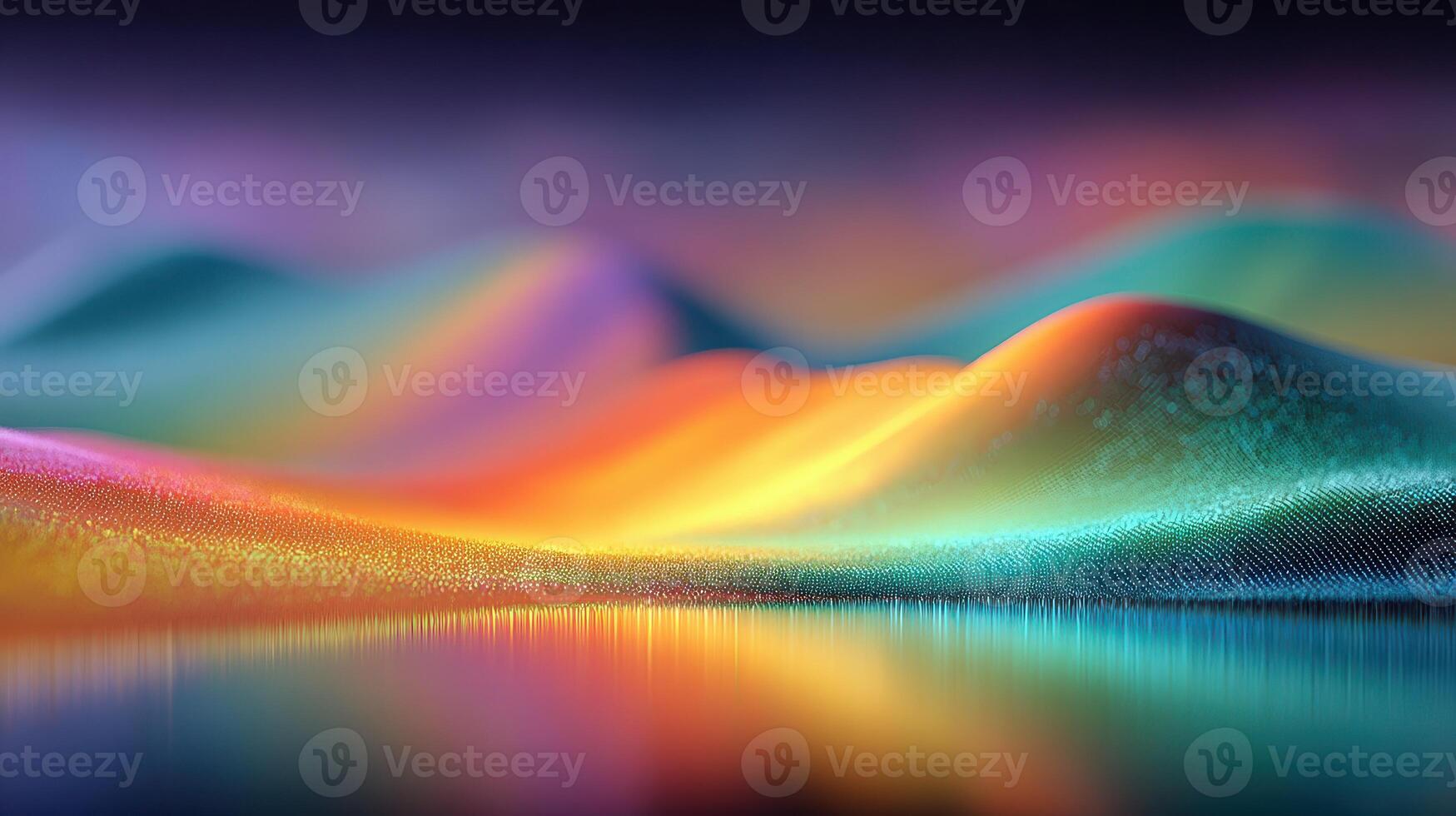 Vibrant abstract landscape with colorful waves and reflections at sunset over water photo