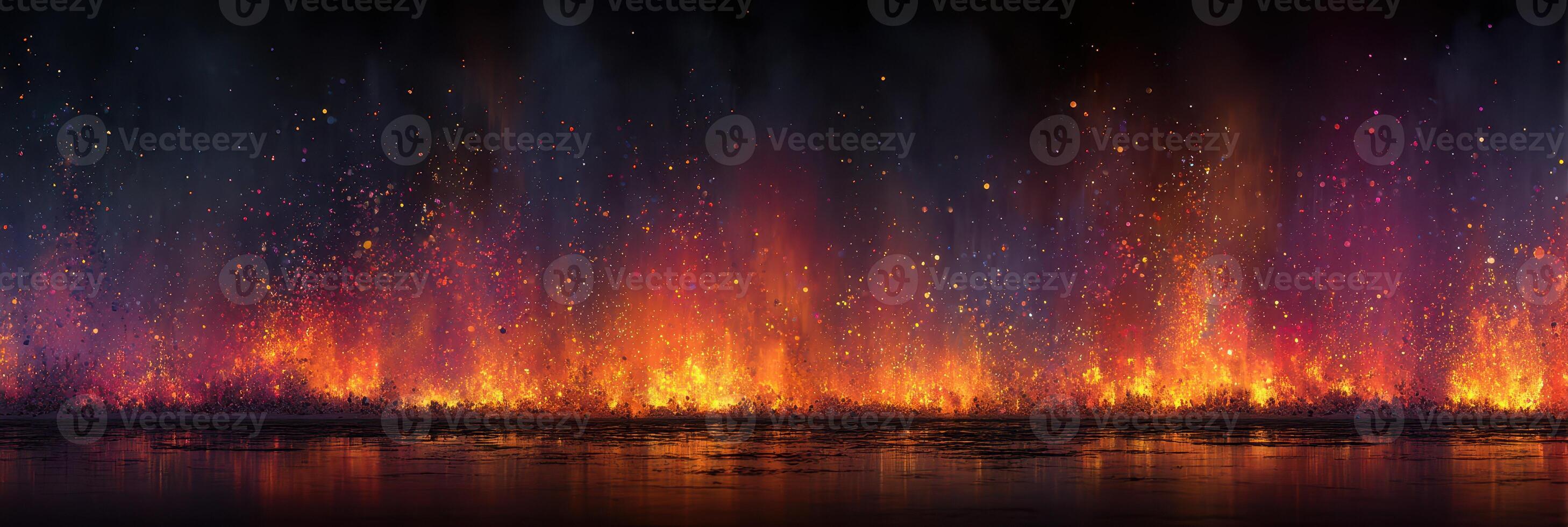 Vibrant flames rise at night creating a mesmerizing display over a calm surface photo