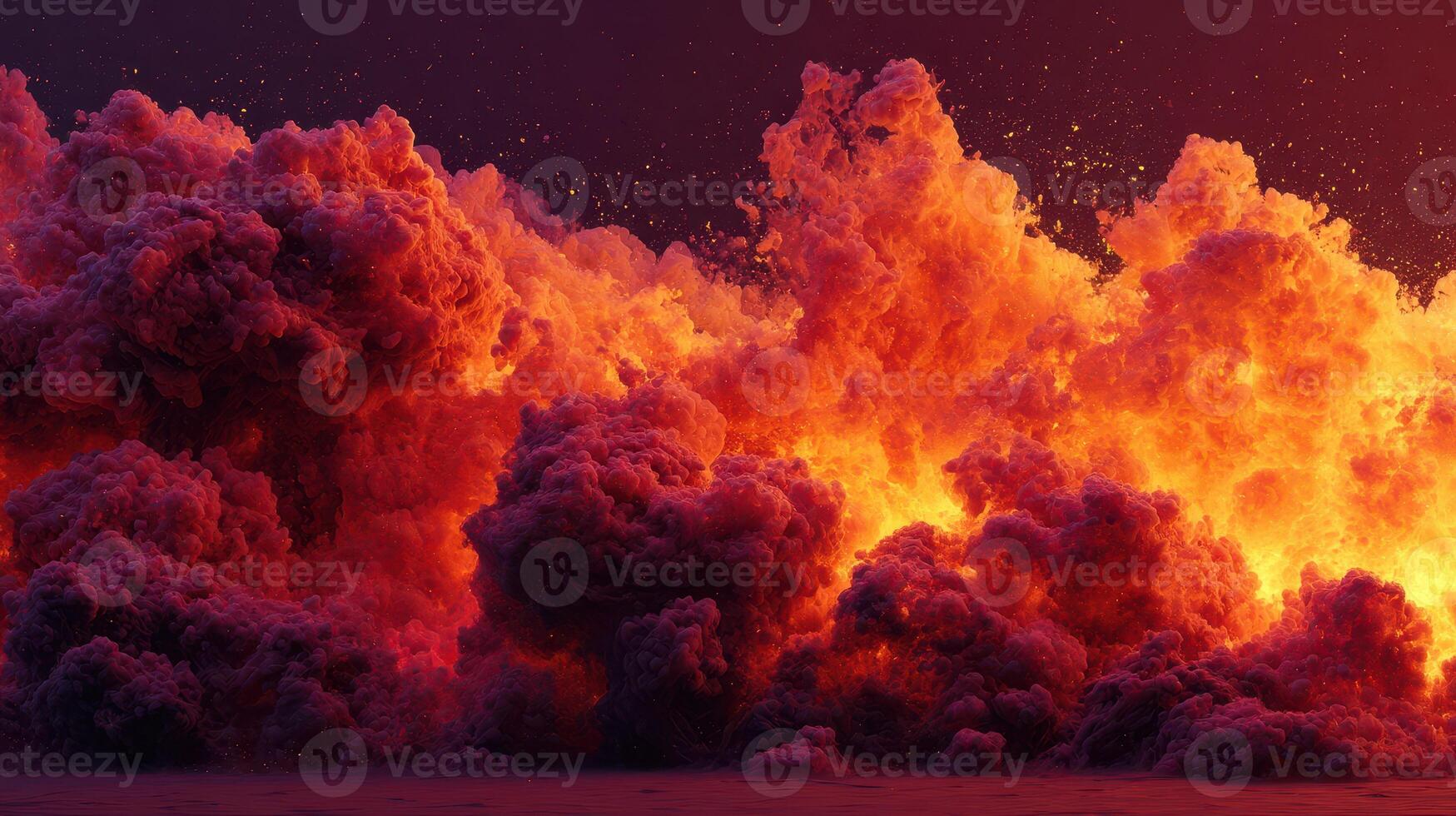 Vibrant clouds of smoke and fire illuminate the night sky, creating a dramatic display of colors in a darkened environment photo