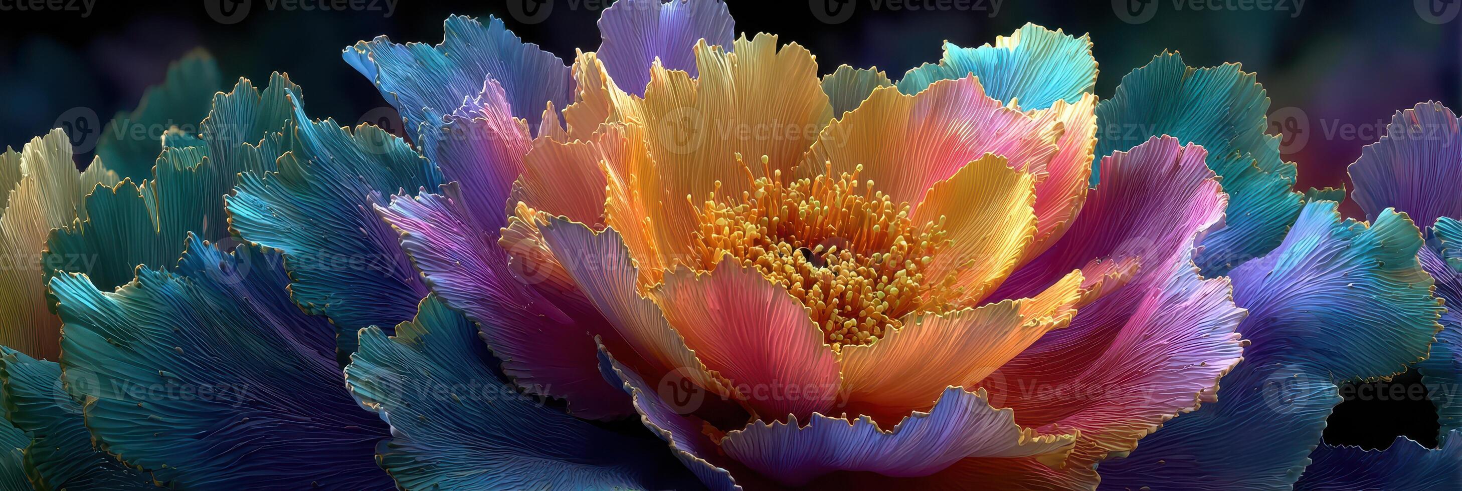 Colorful abstract flower design with vibrant petals and intricate details in a surreal setting during nighttime photo