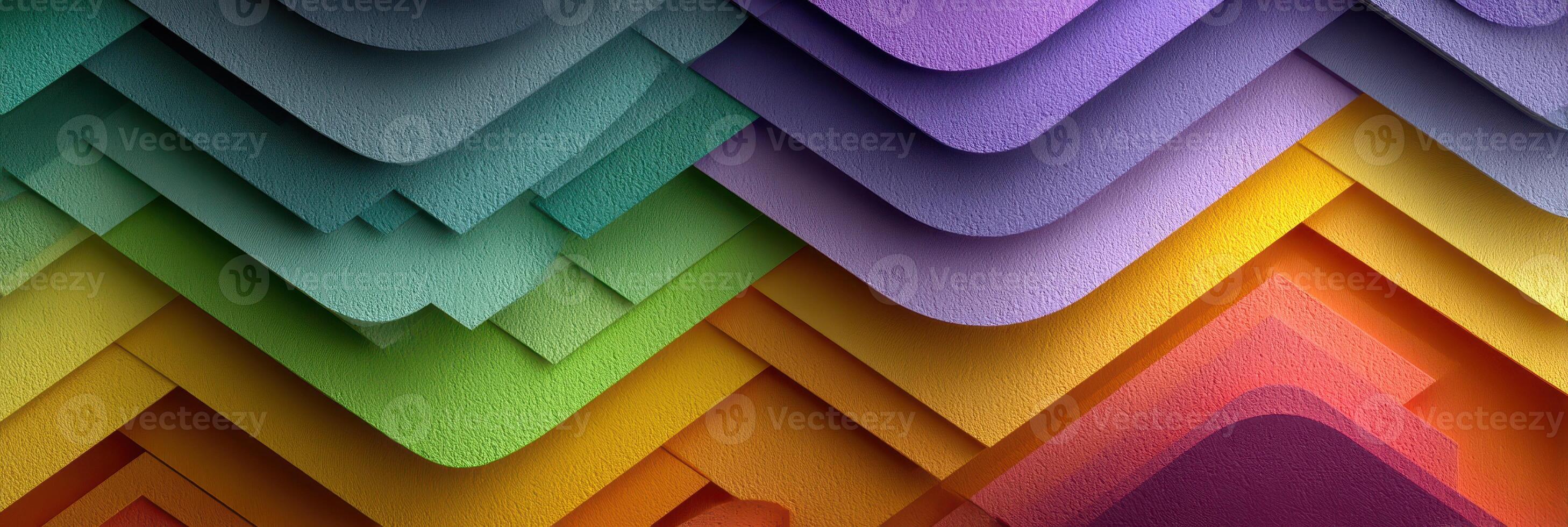 Colorful layers of textured paper arranged in wavy patterns create an abstract design with vibrant hues and gradients photo