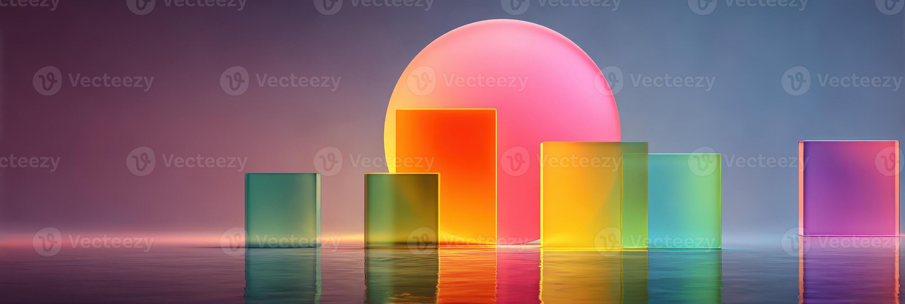 Colorful geometric shapes and a glowing sun radiating vibrant hues during twilight hours photo